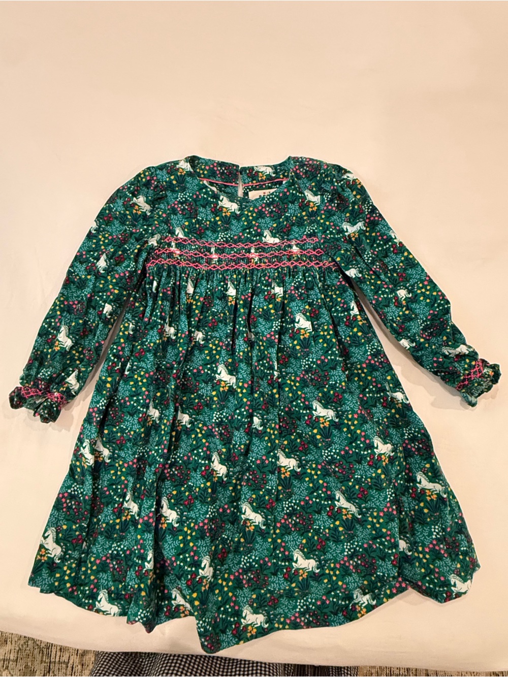 Mini Boden Green Unicorn Print Long Sleeve Nightgown with Pink Trim